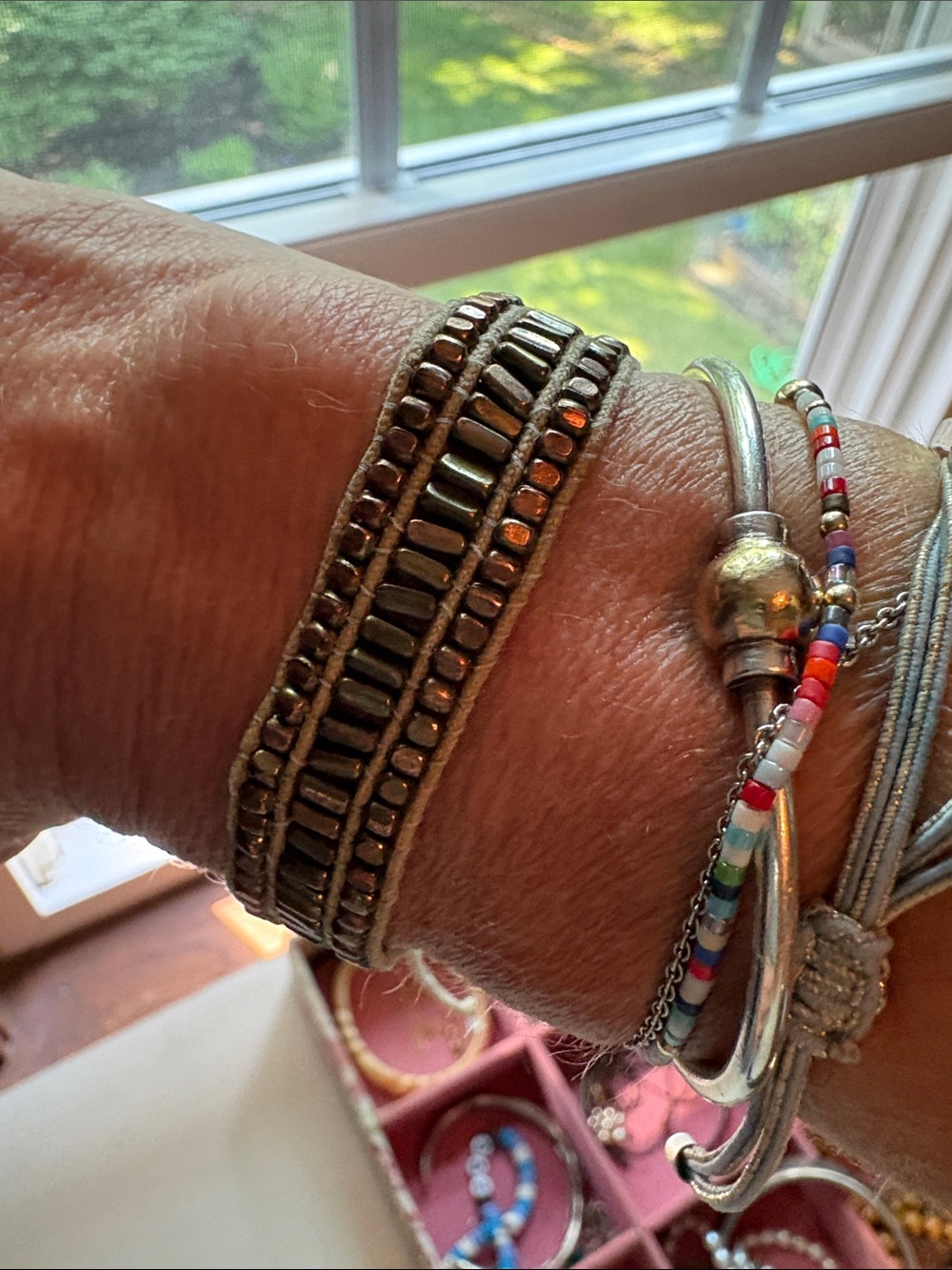 Beaded Multi-Row Bracelet in Metallic Bronze